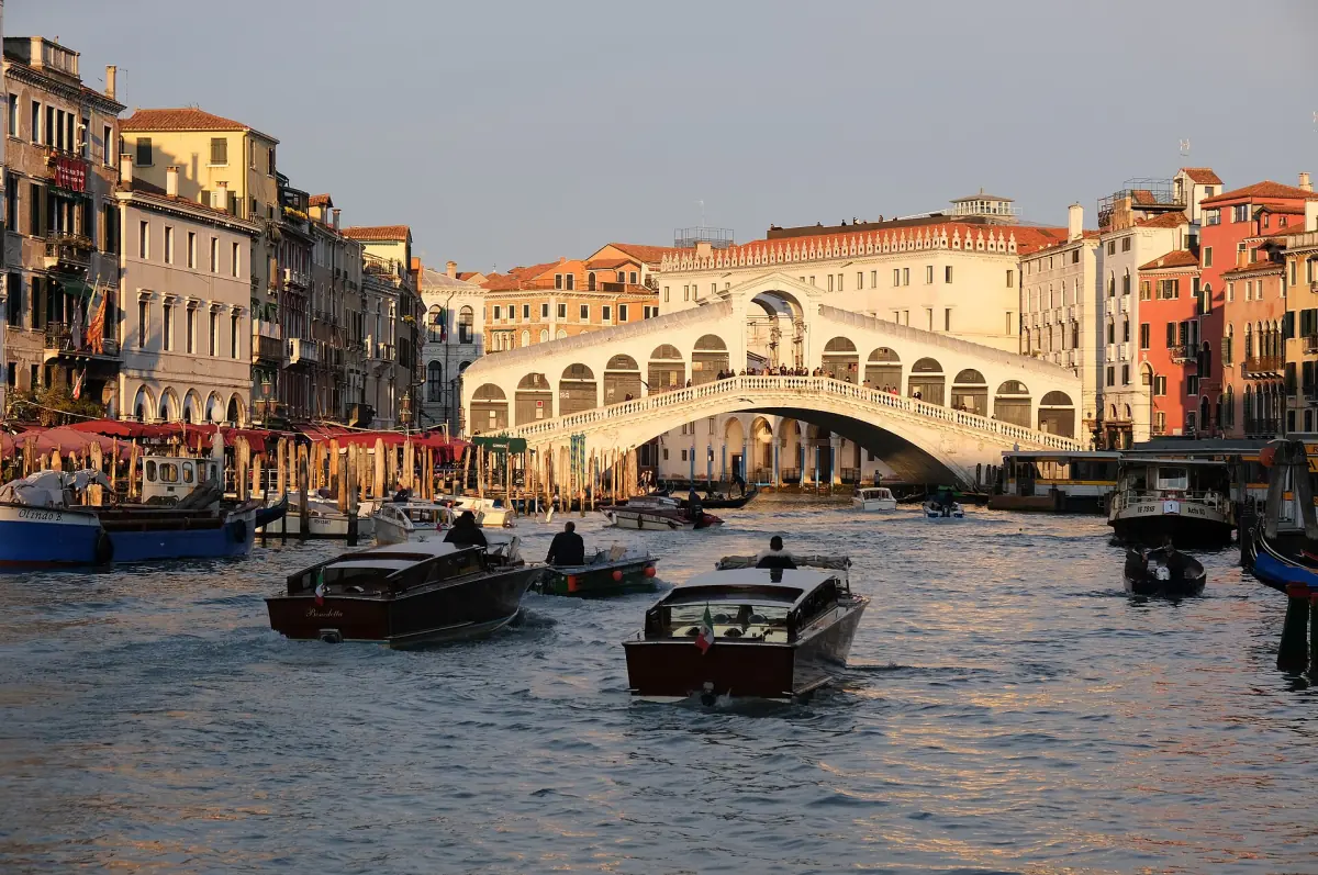 The Rialto Bridge over the Grand Canal in evening light